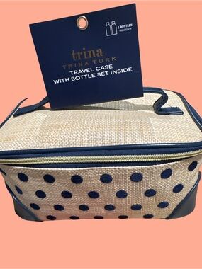 Navy Polka Dot Straw Travel Cosmetic Case